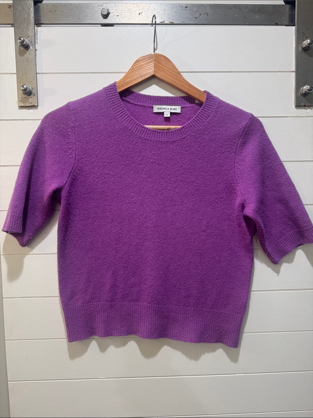 Veronica Beard Vibrant Purple Short-Sleeve Cashmere Crew Sweater